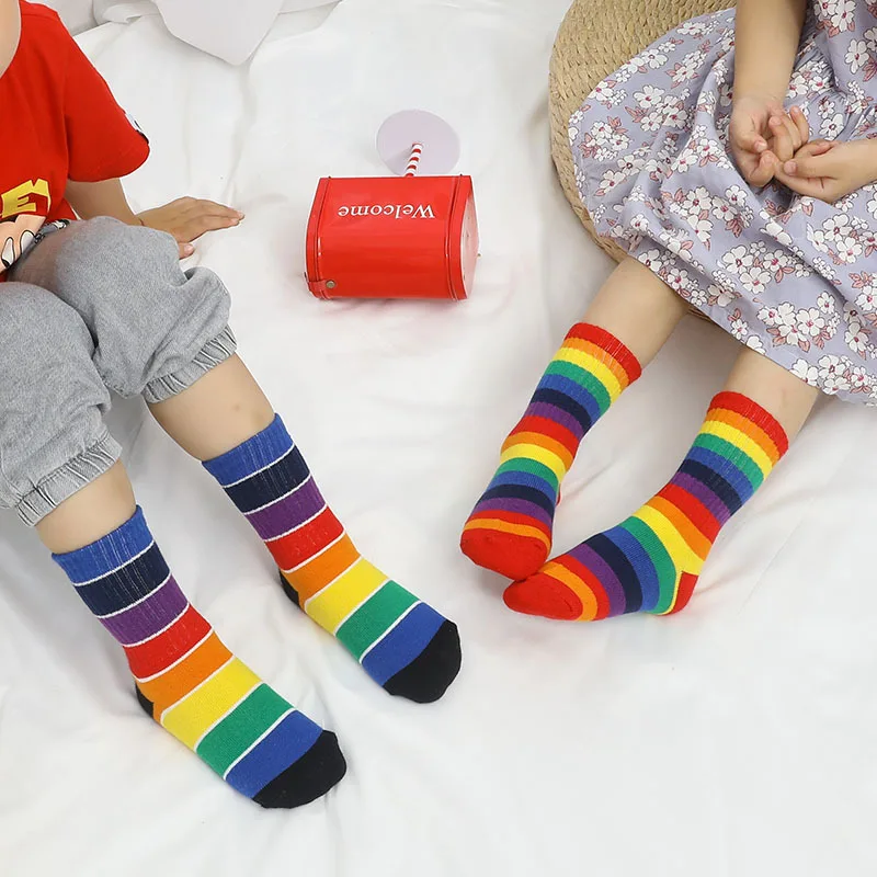 1 Pairs Rainbow Socks for Kids Spring Summer Colourful Stripe Breathable Cotton Girls Boys Tube Socks School Long Socks 1-8 Year 6
