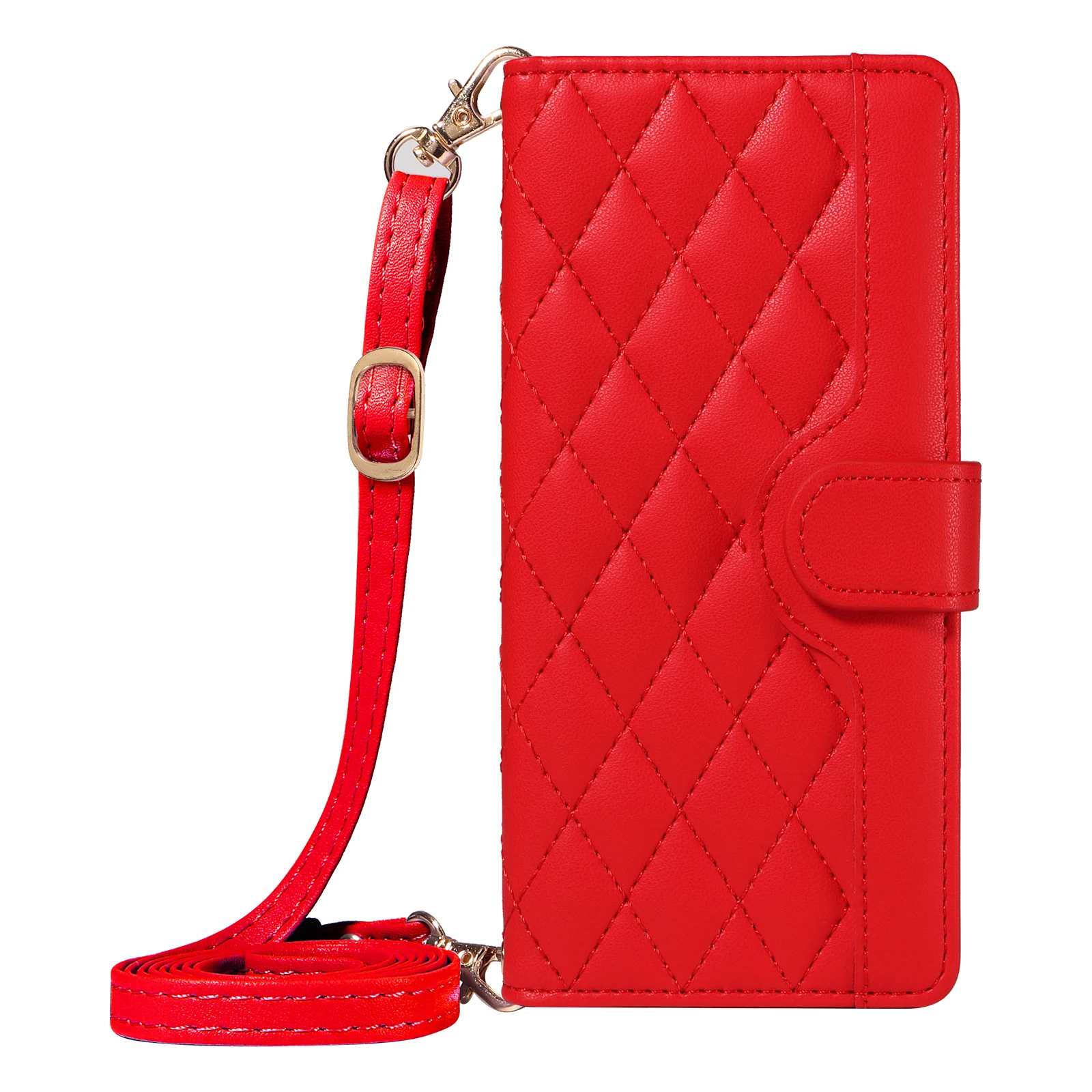 Luxury Rhombus Leather Crossbody Wallet Case with Card Slots and Lanyard