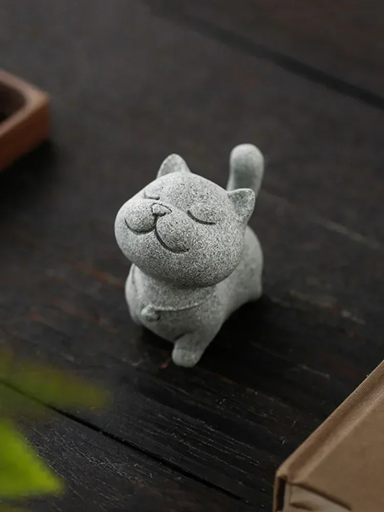 Tea Pet Ornaments Stone Carving Kitten Sculpture Handmade Tea Pet Chinese Tea Tray Decoration Fish Tank Potted Tabletop Ornaments
