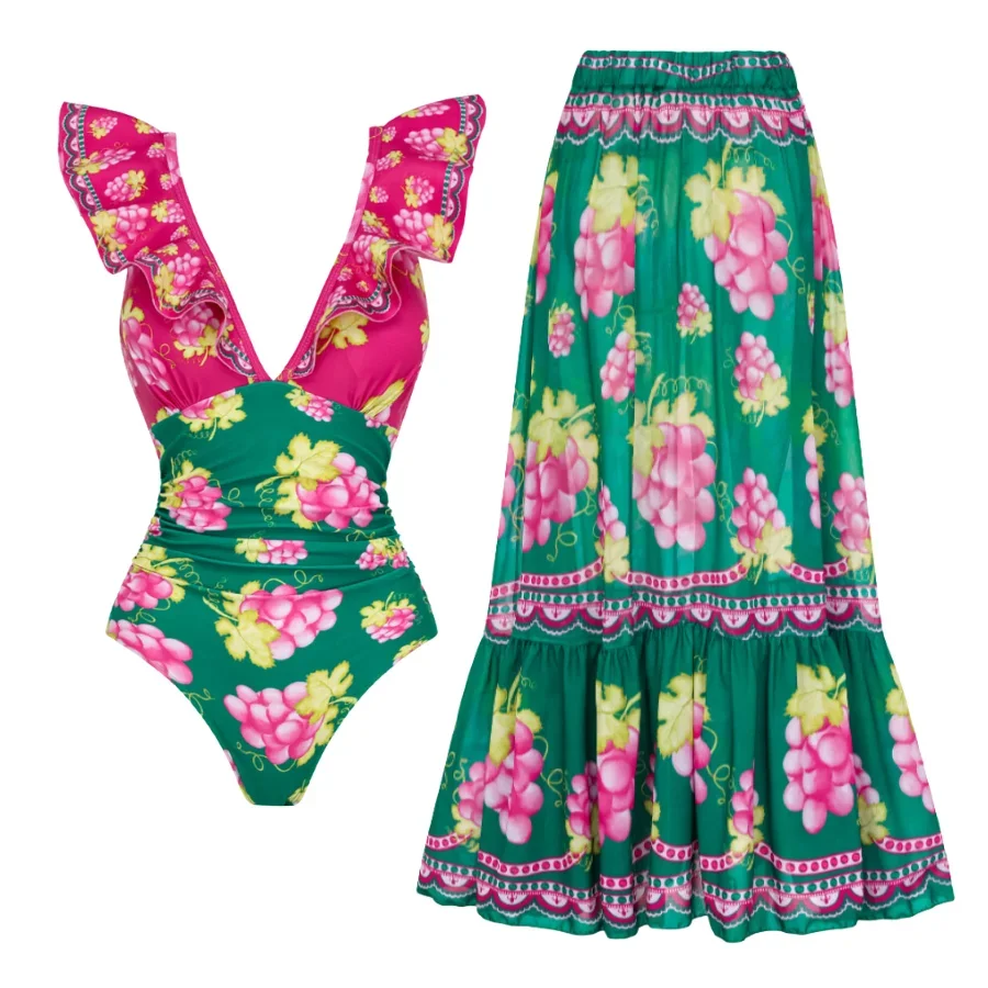 2024 Women Swimsuit Set   Retro V Neck Retro Green Grapes  Swimwear Beachwear Bathing Suit Bikini Monokini  Bodysuit tankini