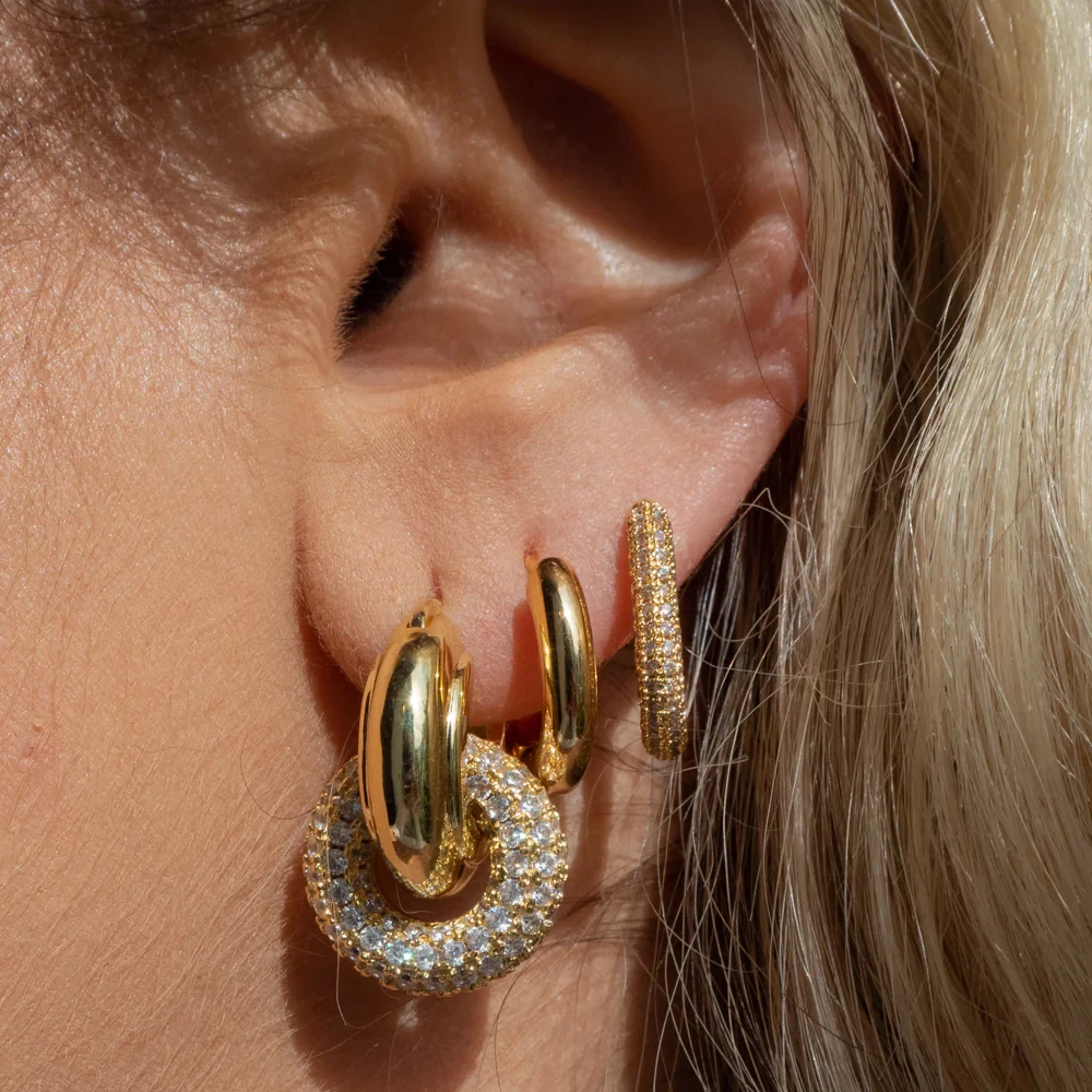 Personality Rock Chunky Bilayer Circle Round Dangle Earrings Shining Zircon CZ Stainless Steel Hoops Huggie Punk Ear Jewelry New