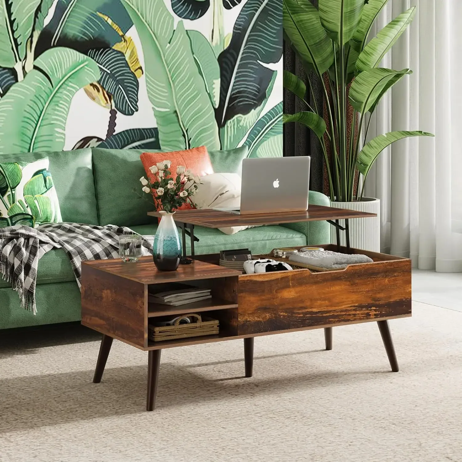 Wood Lift Top Coffee Table with Adjustable Storage Shelf and Hidden Compartment, Lift Tabletop Dining Table for Living Room 2