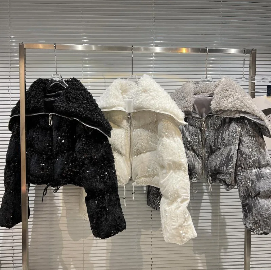 

2023 Winter Girls Fashion Short Sequins Shinning Jacket Baby Kids Children Parkas Outerwear