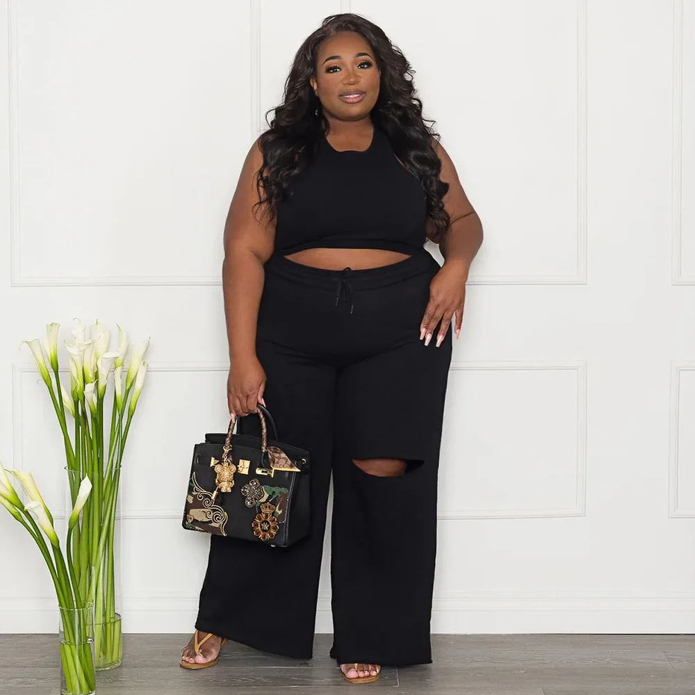 Plus Size Women Set Solid Sleeveless Shirt Top And Ripped Pants Lady Casual Big Size Two Piece Set Female Fashion Tracksuit