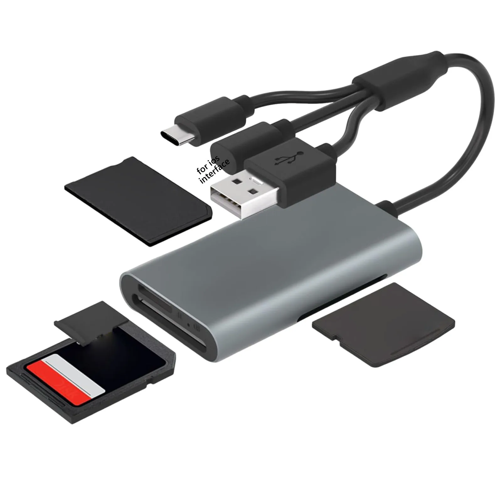 라이트닝/USB-C/USB-A 포트가 있는 4 in 1 SD 카드 리더기 메모리 스틱 프로 듀오 어댑터 플러그 앤 플레이(안드로이드 아이폰 윈도우용)