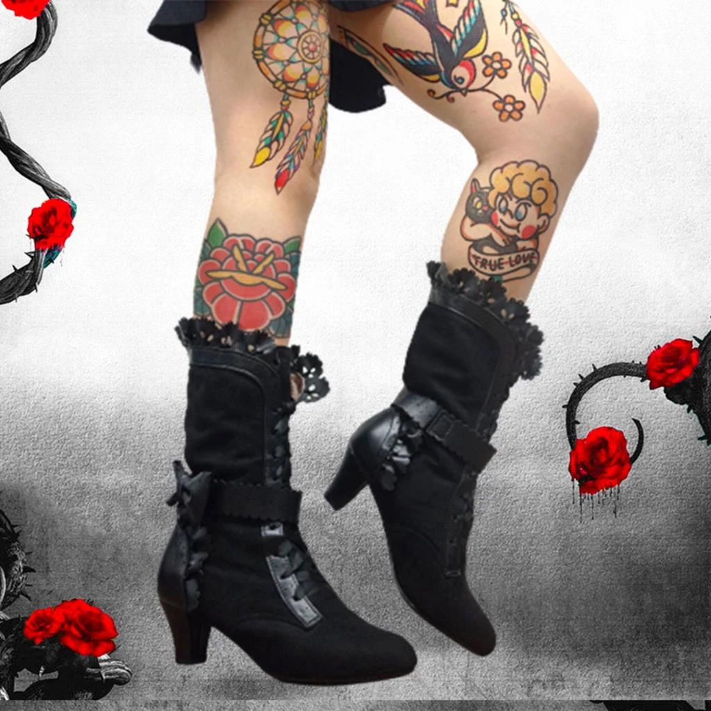 Brand New Big Size 43 Sweet Bowknot Ruffles Med Heels Shoelace Gothic Lolita Style Mid Calf Boots Women Shoes
