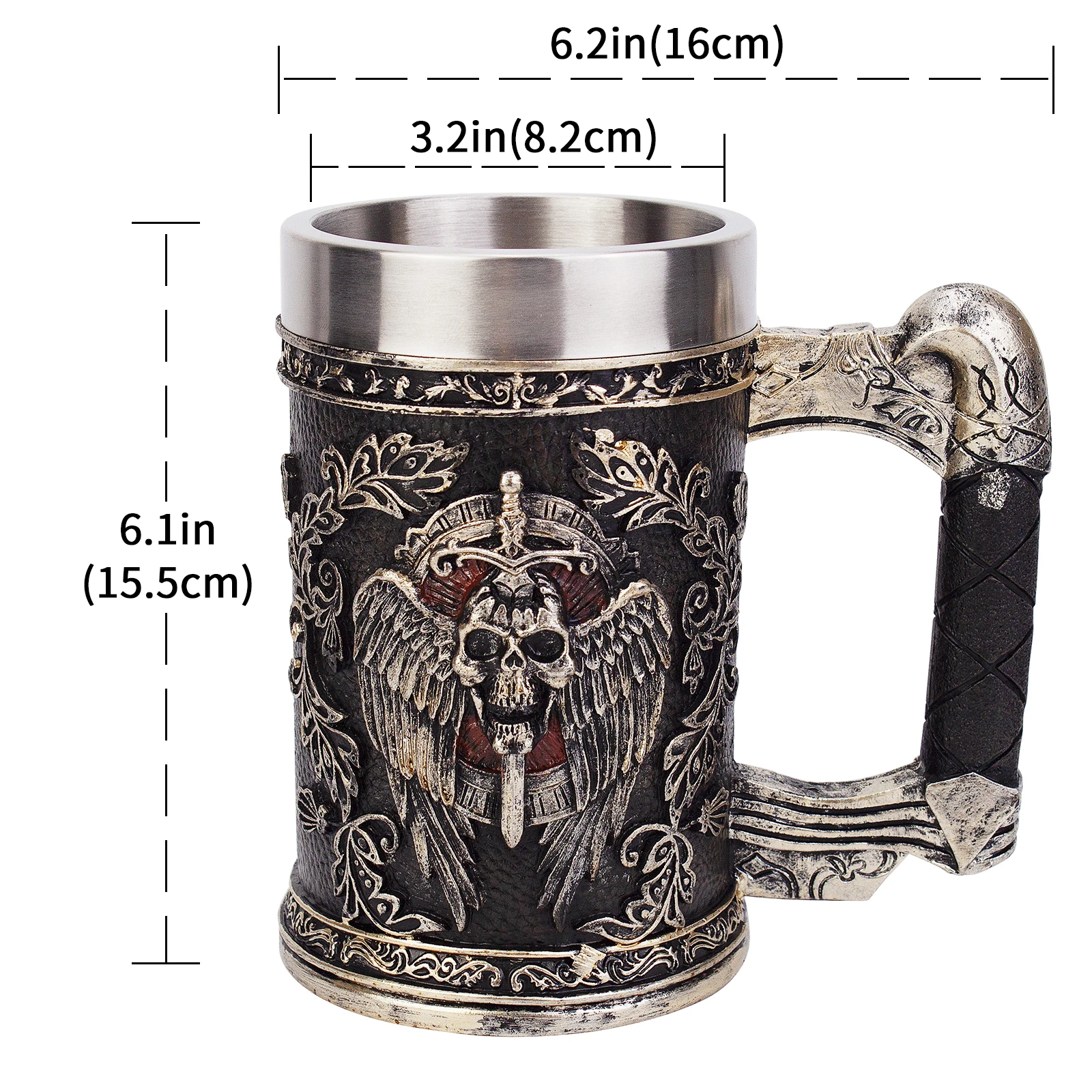 Description Picture 6 of itemImitation Bronze Mug Tankard Stainless Steel Resin Medieval Retro Wing Sword Shield Death Grim Reaper Leather Beer Stein 600ml