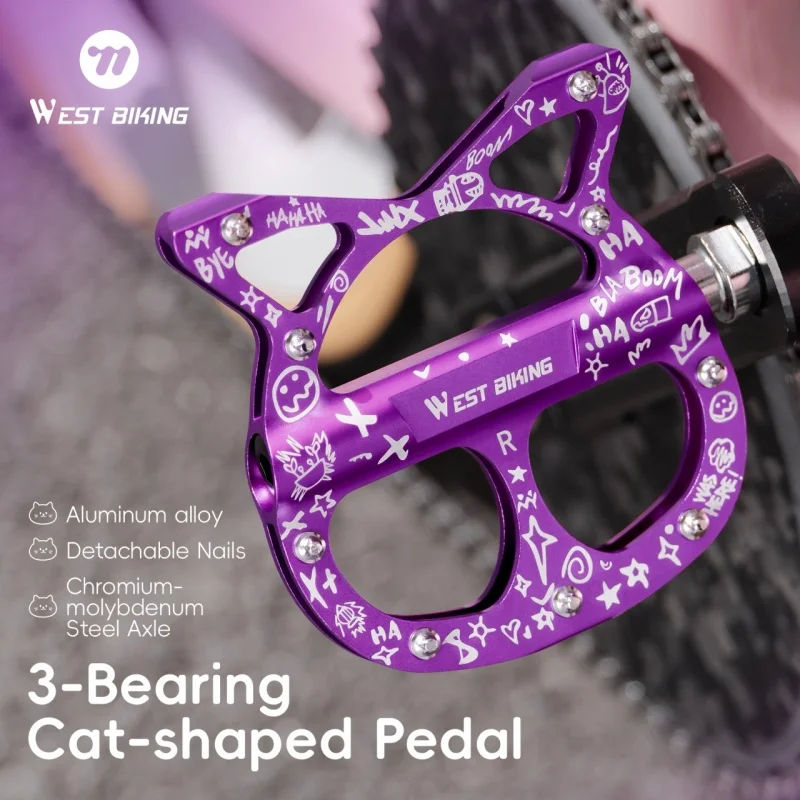 WEST BIKING Bicycle Aluminum Pedals 3 Bearings Personalized Cat-Shaped Anti-Slip Pedals Fashion Multicolor MTB Road Bike Parts