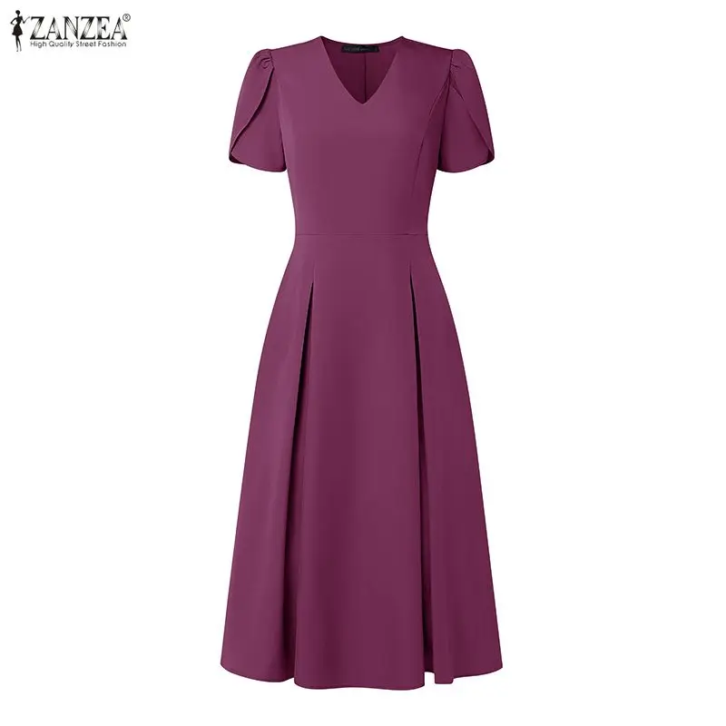 ZANZEA Abito estivo elegante da donna con scollo a V e maniche a petalo, vestito casual a pieghe a trapezio tinta unita per l'ufficio o le vacanze - immagine 2
