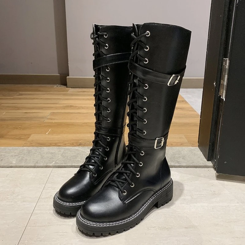 Botas hasta la rodilla con para mujer, botines sexis de tacón bajo y cabeza botas de cuero con cremallera lateral, talla invierno, 2022|Botas hasta la rodilla| - AliExpress