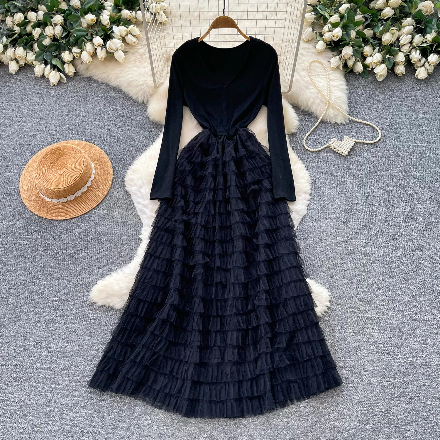 Women Long Sleeve V Neck Maxi Dress Tiered Tulle Waisted Elegant Dress For Spring Autumn