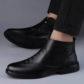 Genuine Leather Men Ankle Boots Casual Shoes Western Cowboy Boots Black Lace Up Wedding Office Dress Boots Men Business Shoes 5