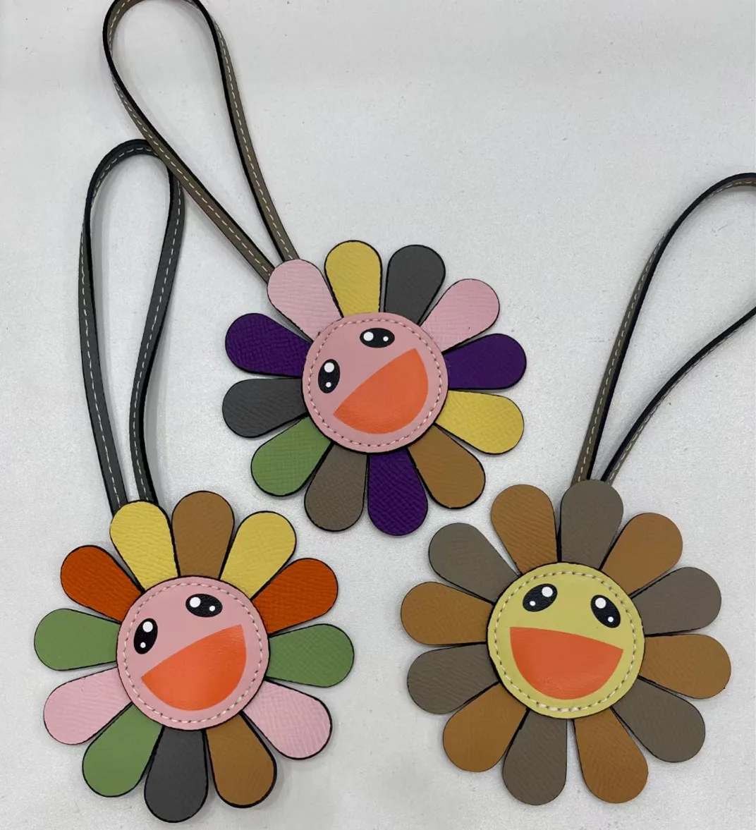 

Real Calf Leather Lovely Colorful Sun Flower Bag Charm Handbag Hanging Decoration Ornament Key Chain
