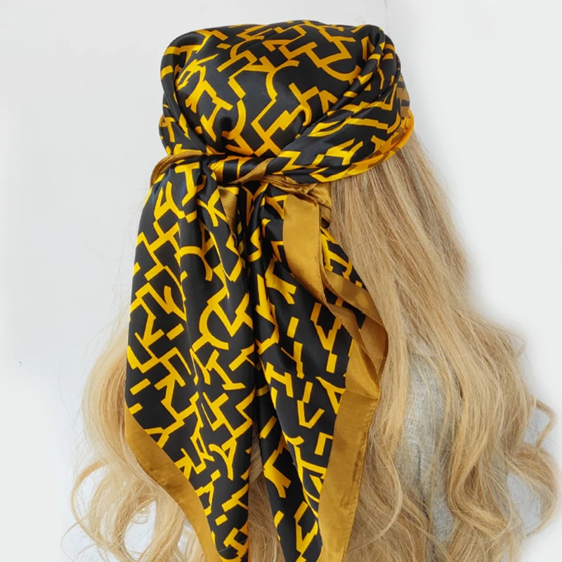 90*90CM Kerchief Fashion Print Satin Silk Scarves Popular Colour Square Shawls Luxury Sunscreen New Headcloth foulard muffler 5