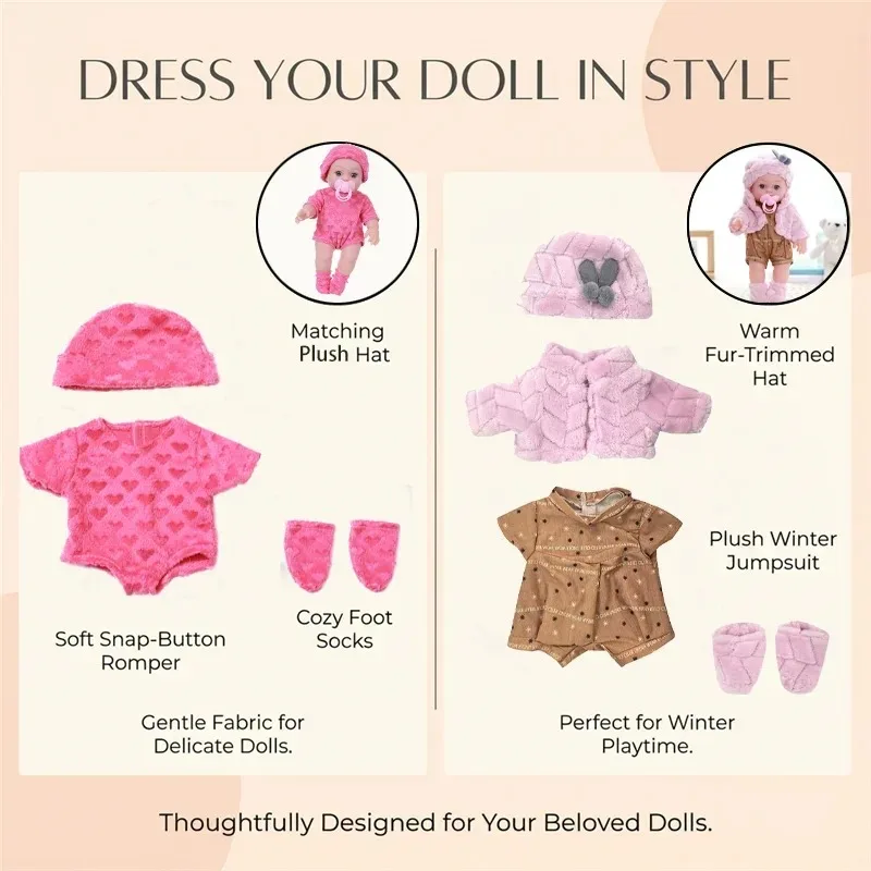 For 12 Inch 30cm Baby Reborn Dolls Outfits Clothes Carry Cot Cartoon Bear Winter Pajamas Jumpsuit Plush Clothing Accessories - 5