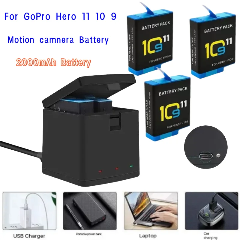 Chargeur USB-C pour batteries GoPro Hero 9 10 11 avec câble
