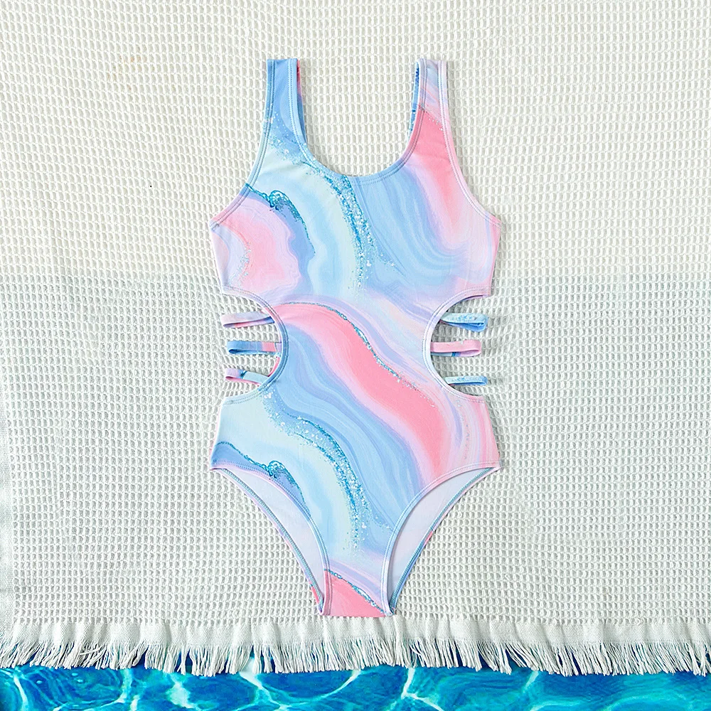 One Piece Swimsuit Children Swimsuit Children Swimsuits New Design kids Tie-dye Print One-piece Swimsuit for Teen Girls Blue Swimwears Bathing Suits 5-15 Years