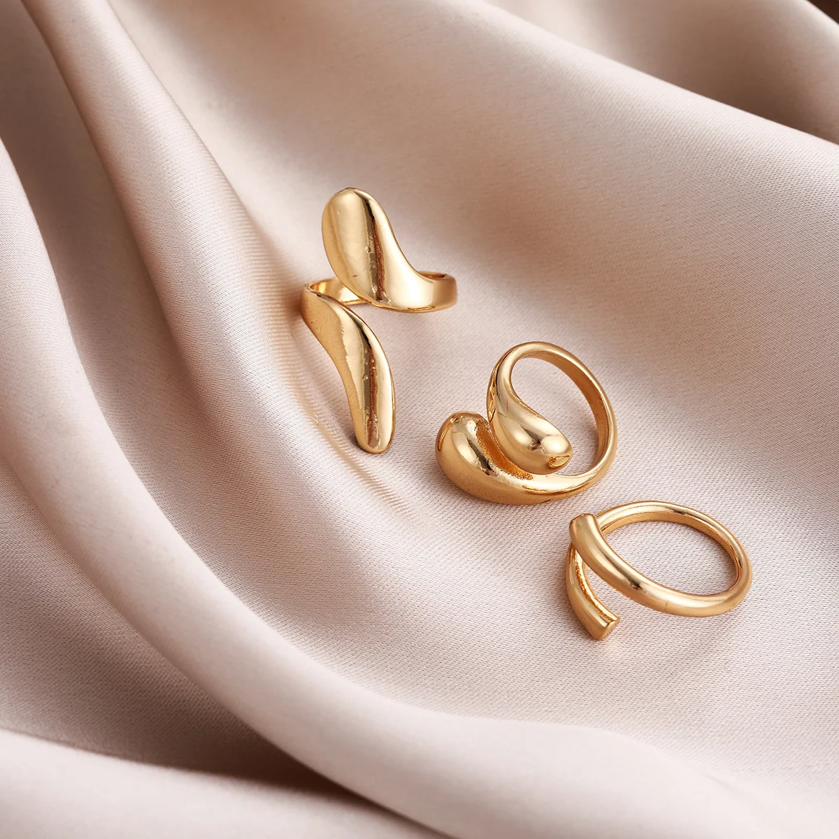 3 Pcs Irregular Geometric Ring Set for Women Punk Design Smooth Gold Silver Color Water Drop Adjustable Open Ring Trendy Jewelry