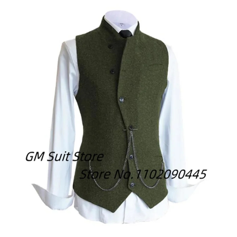 Men's Suit Vest Casual Slim Fit Wool Tweed Stand Collar Business Herringbone Single Breasted Groomsman Jacket Wedding Party