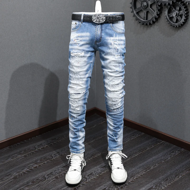 Street Fashion Men Jeans Retro Light Blue Elastic Stretch Slim Fit Hole Ripped Jeans Men Painted Designer Hip Hop Pants Hombre