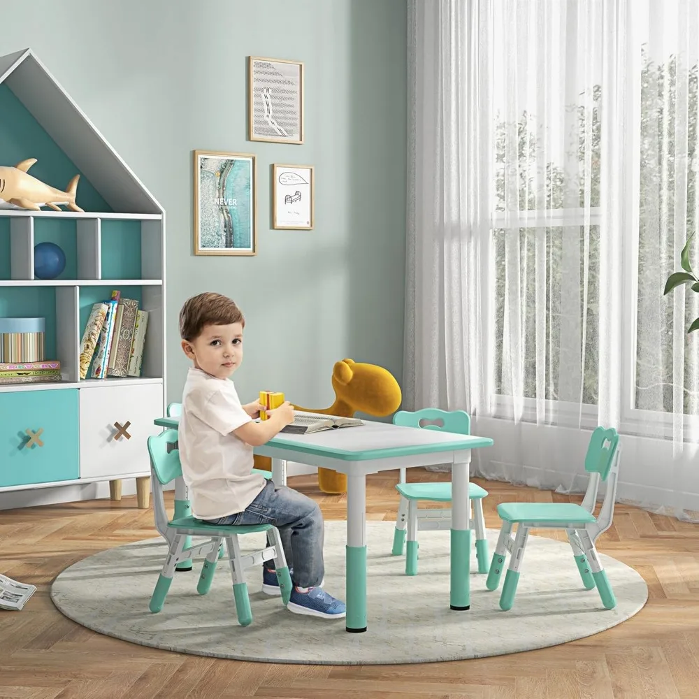 Kids Table and Chair Set, 5 Piece Toddler Table and Chair Set with 4 Chairs Adjustable Height, for Snack Time,
