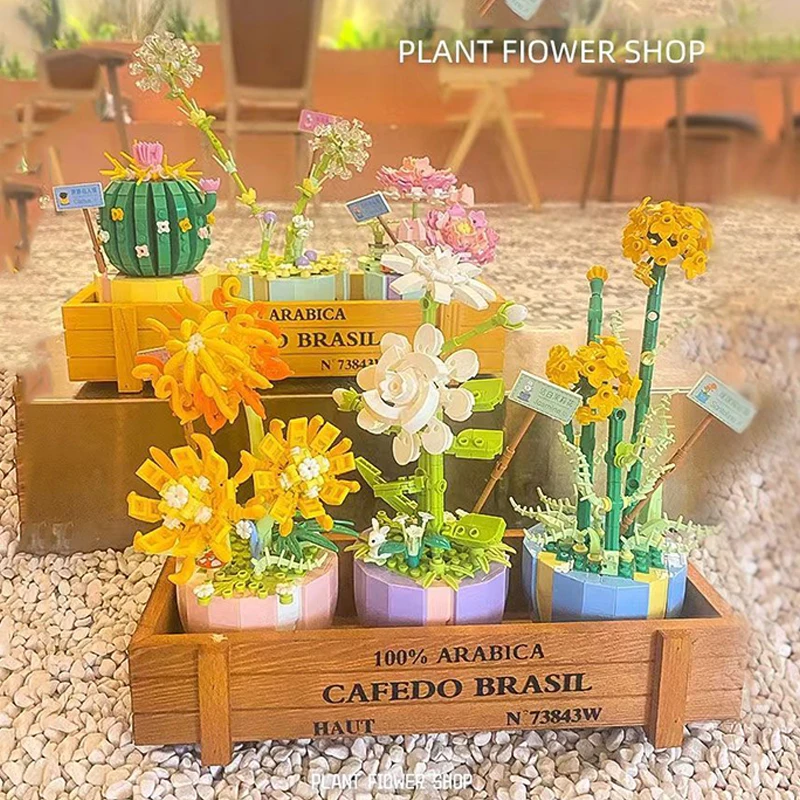 

Mini Bouquet Flower Building Block Toys Home Decoration Plant Potted Chrysanthemum Rose Assembly Brick Girls Toys Child Gifts