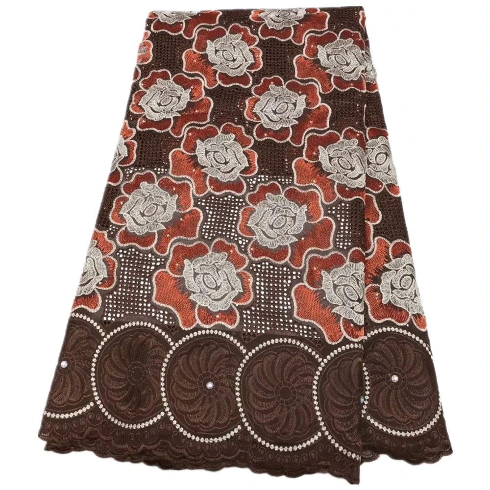

Latest Nigerian Dry Lace Fabric Brown Swiss Voile Lace Fabric Holed Cotton African Fabric 5 Yards For Dress