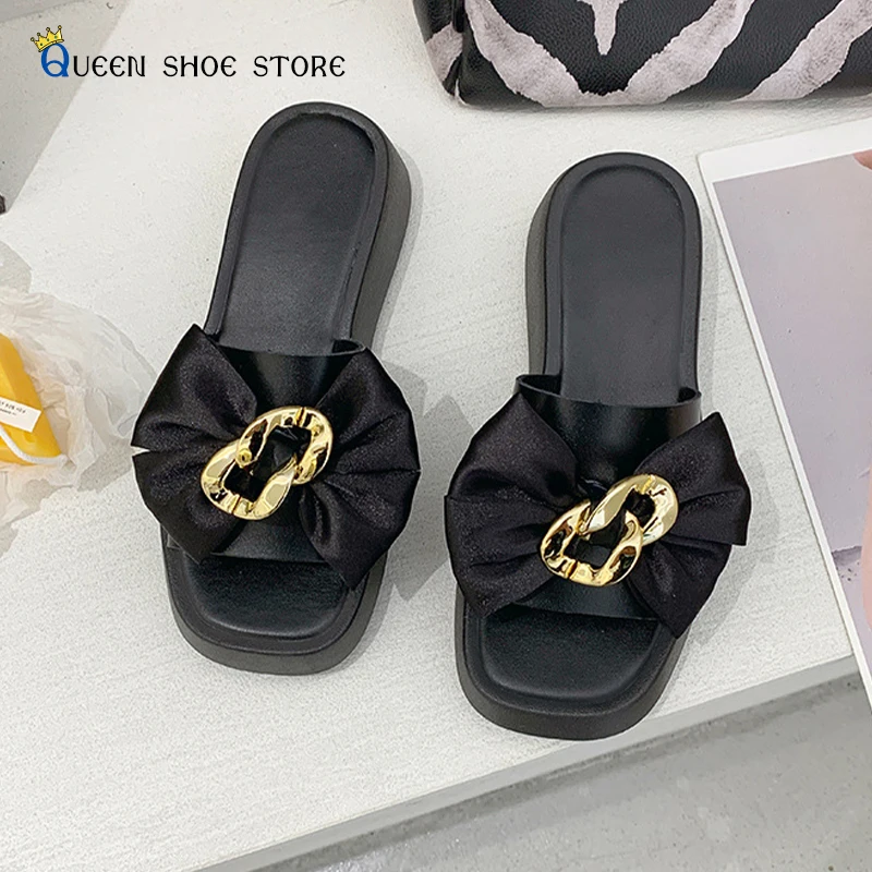 

Thick-soled Women's Slippers 2022 Summer Fashion Simple Square Toe Bow Upper Height-enhancing Sandals Women Can Wear Outside