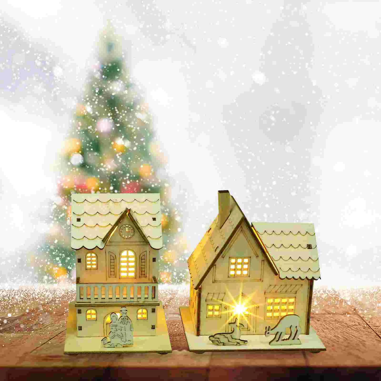 

Creative Christmas Decorations Wooden Luminous Cabin Decorations Mini House Shape Decorations Micro House Landscape Decors