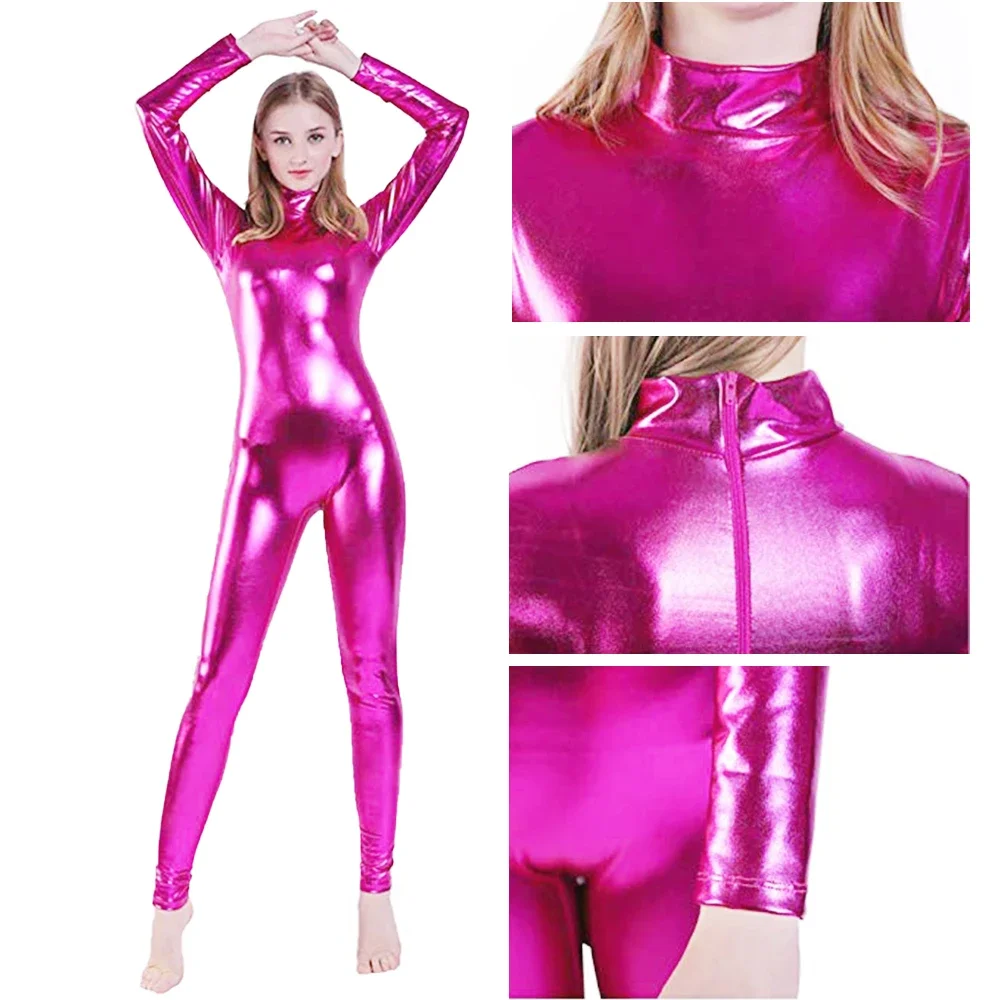 

AOYLISEY Women Shiny Metallic Full Body Unitard Long Sleeve Dancewear Leotard One Piece Ballet High Neck Gym Stage Yoga Costume
