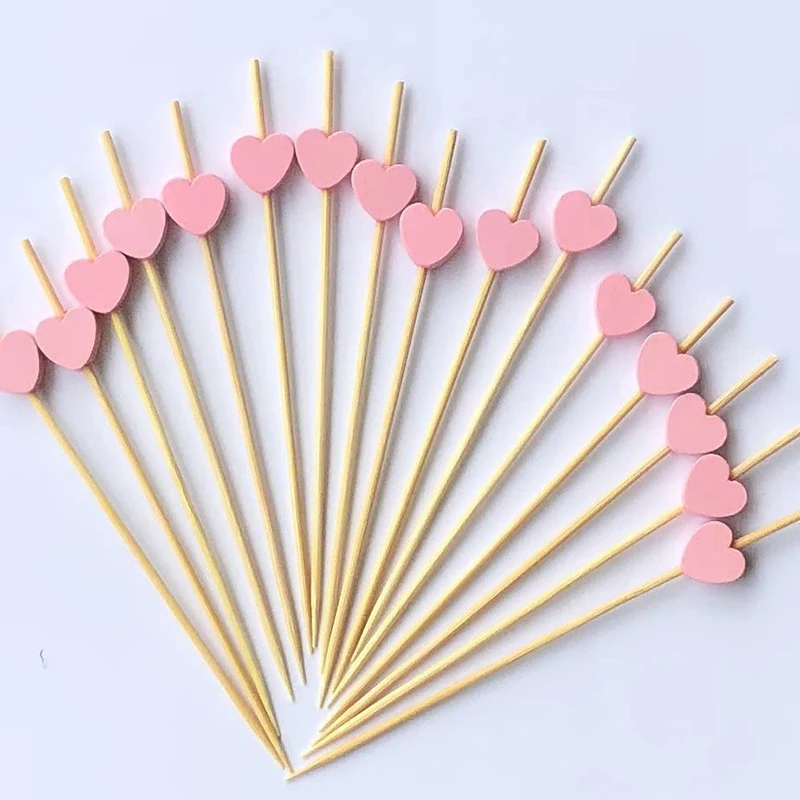100x Love Heart Bamboo Pick Buffet Food Cupcake Fruit Cocktail Fork Dessert Salad Stick For Picnic Wedding Party Home Supplies