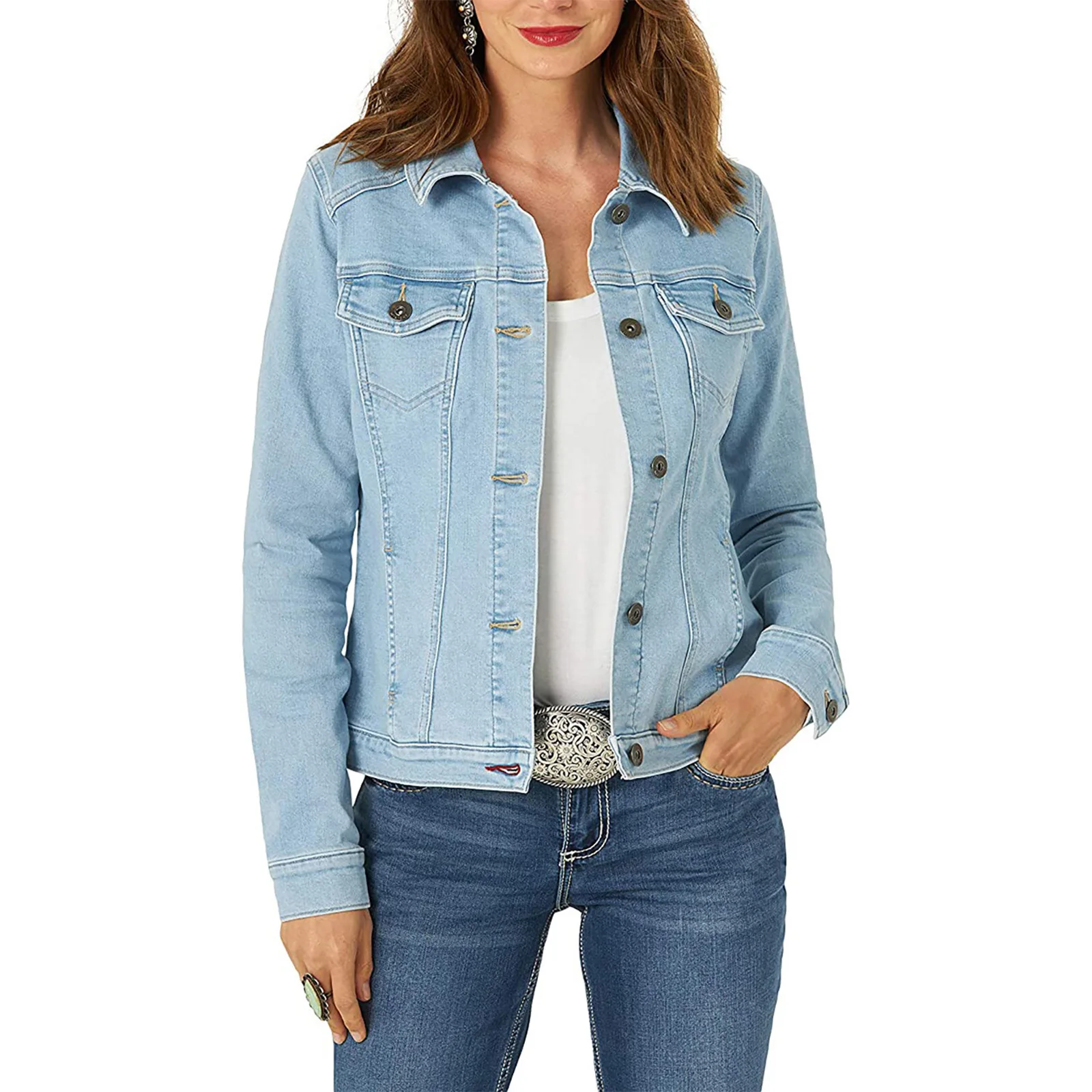 

Denim Jacket Women Fashion Casual Plain Denim Jeans Jacket Flap Pocket Pure Cotton Fabric Button Up Denim Coat Casual Outerwear