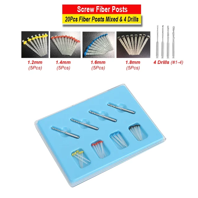 20Pcs/box Dental Fiber Posts Drills Mixed Kit Straight Screw Quartz Glass Fiber Resin Post Root Canal Pile Restorative Materials