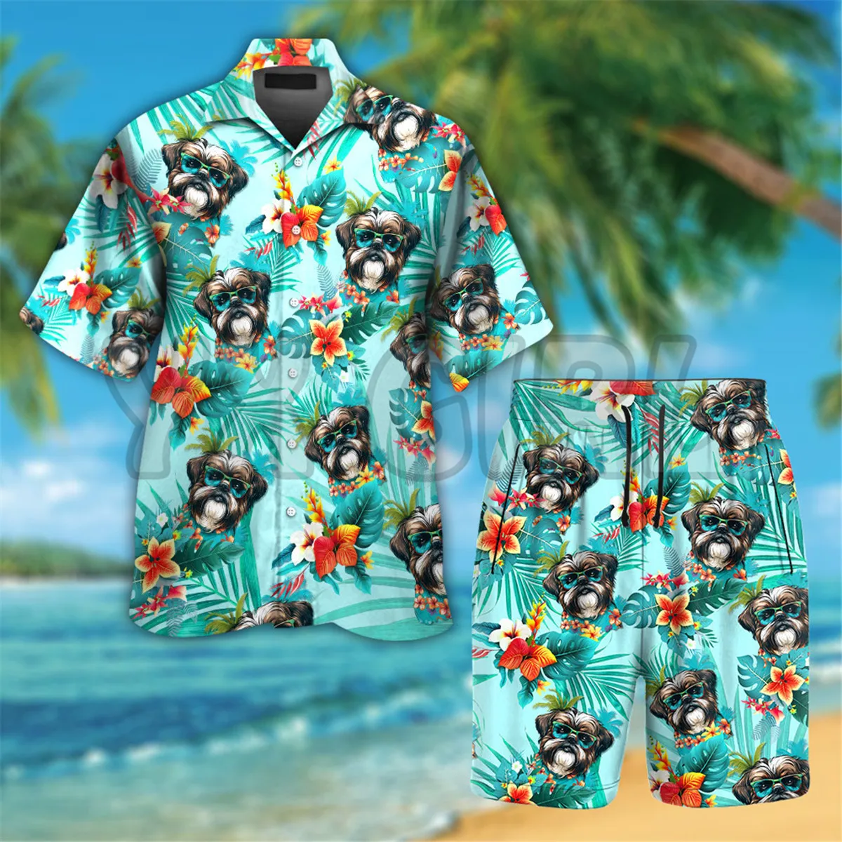 Shih Tzu Dog Wearing Sunglass Funny Colorful Hawaiian Shirt 3D Printed Hawaiian Shirt+Beach Shorts Men Love Dog Gift