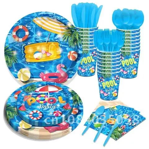 

Decorations Hawaiian Pool Party Disposable Tableware Tablecloth Paper Plates Cups Luau Flamingo Summer Tropical Party Supplies