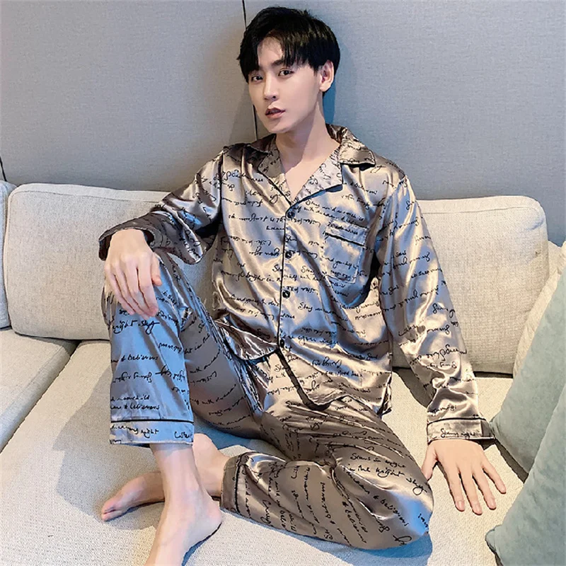 Spring Autumn Men's Thin Imitation Silk Pajamas Long Sleeve Cardigan Pants Oversized Casual Home Clothing Set Jacquard Sleepwear