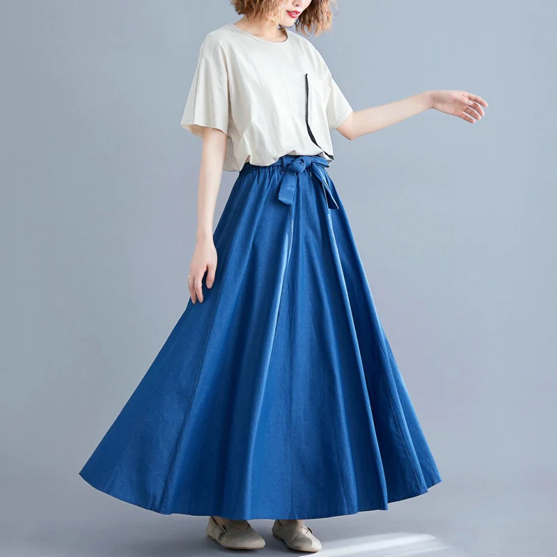 

TFETTERS Brand Women Skirts 2023 Elastic High Waist Slim Bow Large Swing A-line Skirt Solid Color Fashion Denim Skirt for Women