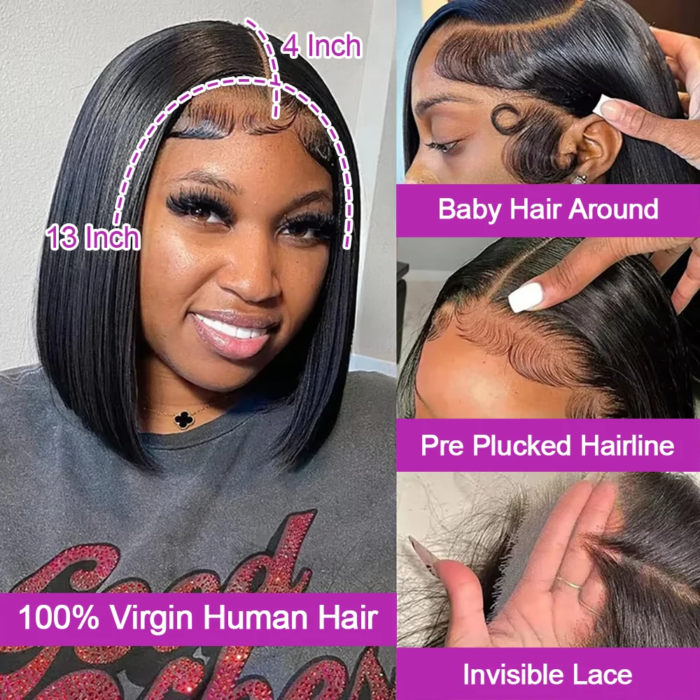 16 pouces vietnamien Super Double dessiné os droit 13×4 Frontal Bob perruque sans colle cheveux humains pour les femmes naturel noir 250 densité
