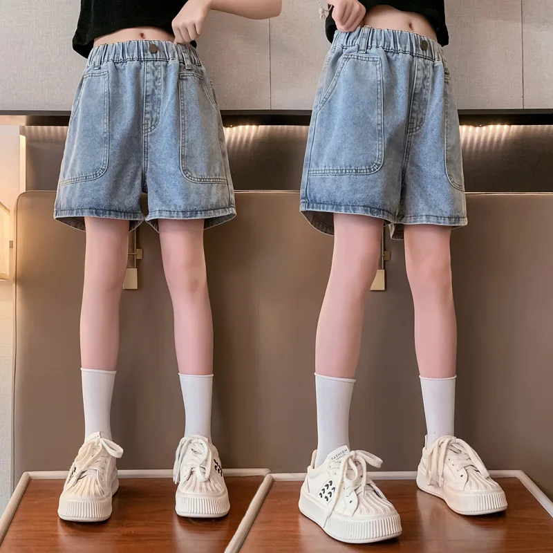 2023 New Summer Teenager Girls Big Pocket Denim Shorts Corea Kids Casual Jeans Shorts Abbigliamento Per Bambini 6 8 10 12 14 Anni