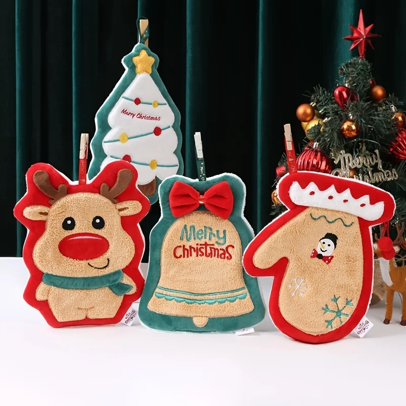 Baby Towel Cute Christmas Hanging Towel For Baby, Coral Fleece Quick-drying Fingertip Towel for Kids, Soft With Hanging Loop