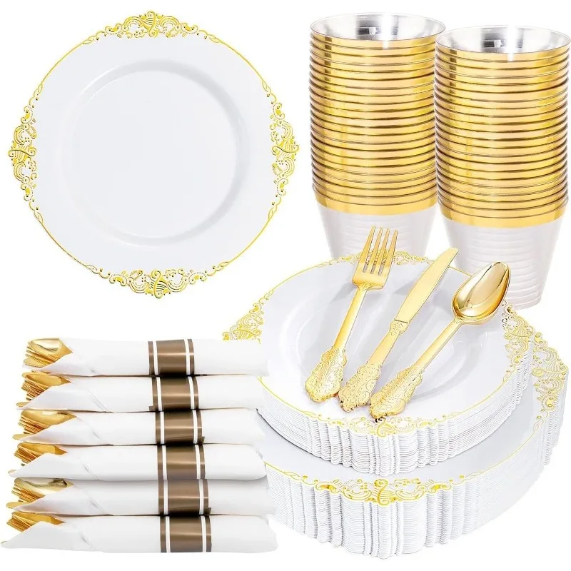 Plastic Plates 175PCS Disposable Party Plates & Pre Rolled Napkins with Cutlery for 25 Guests Plates Silverware Cups Napkin plastic tableware set
