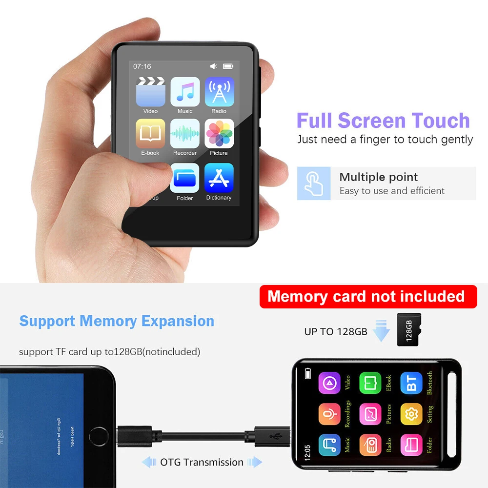 MP4 Player Bluetooth 5.0 Metal MP3 Player Full Touch Screen Built-in Speaker