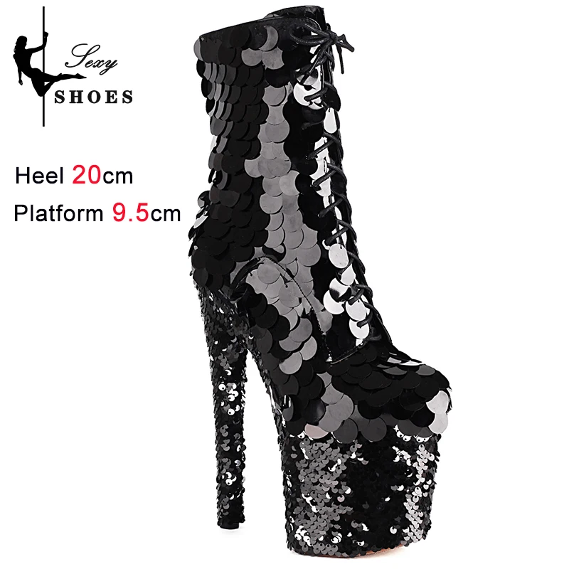 Women's Winter Boots 2023 Platform Pole Dance 20CM/8Inchs High Heels Side Zip Sequined Cloth Ankle Boots Stripper Shoes Big Size