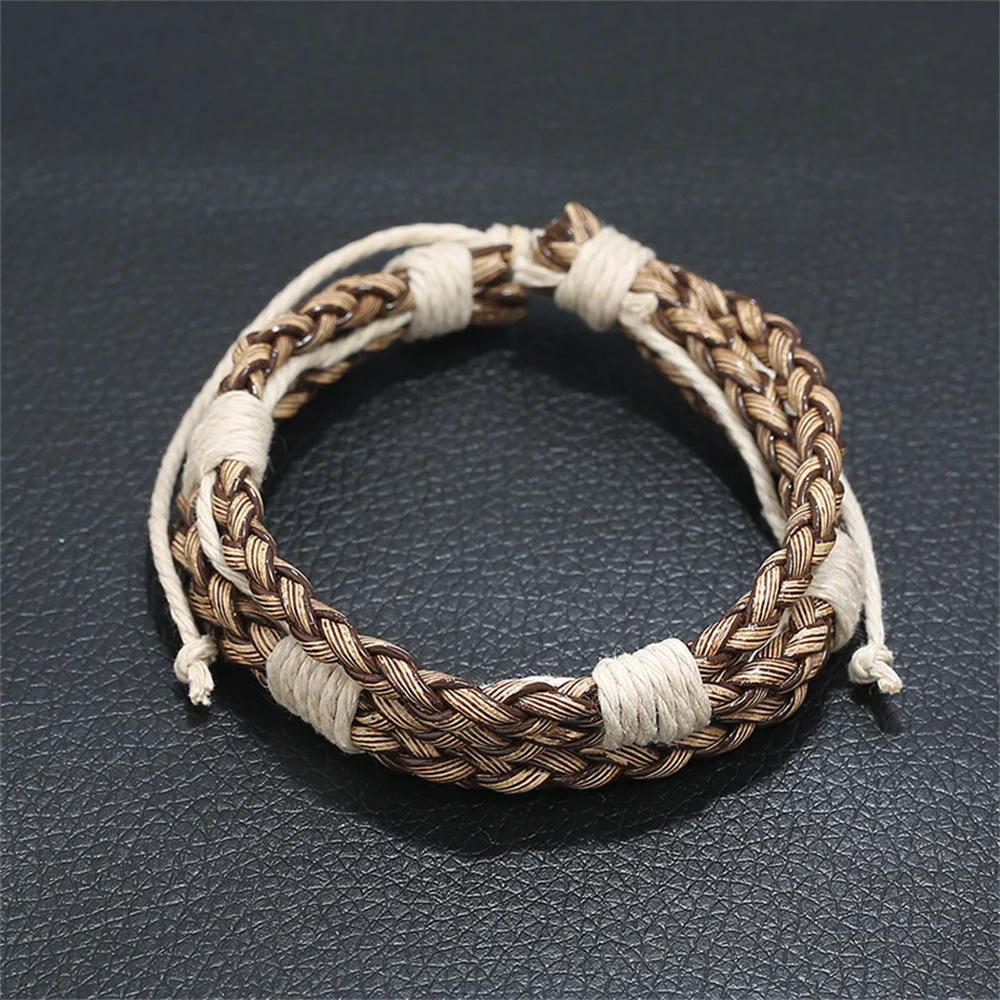 Woven Cotton Linen Bracelet For Men Simple Adjustable Brown Wristband Jewelry Gift