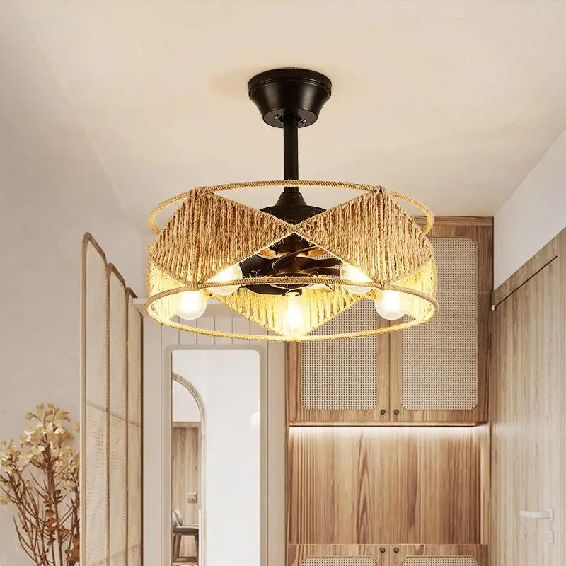 

American Iron Fan Lamp Industrial Wind Hemp Rope Chandelier Restaurant Bedroom Hall Coffee Shop Led Ceiling Fans With Light