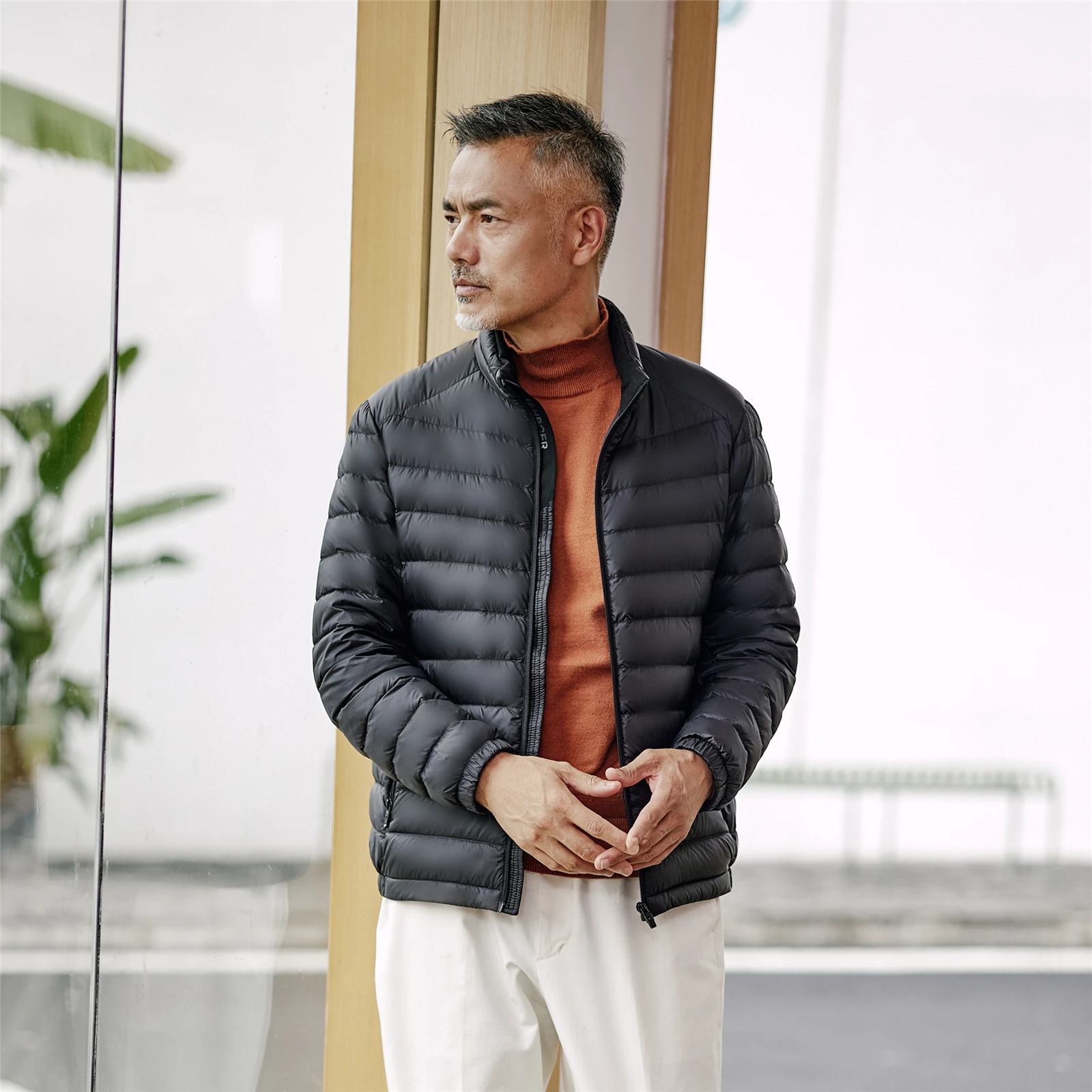 Men's standing collar warm light light color spring and autumn winter protection school commute indoor no bad smell down jacket inner everyday wear with storage bag