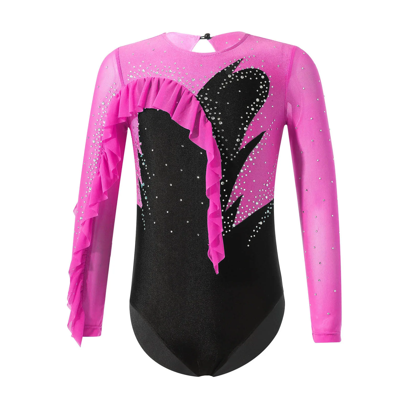 

Kids Girls Shiny Rhinestone Ruffle Ballerina Tutu Dancewear Gymnastic Ballet Dance Leotards Long Sleeve Figure Skating Costume
