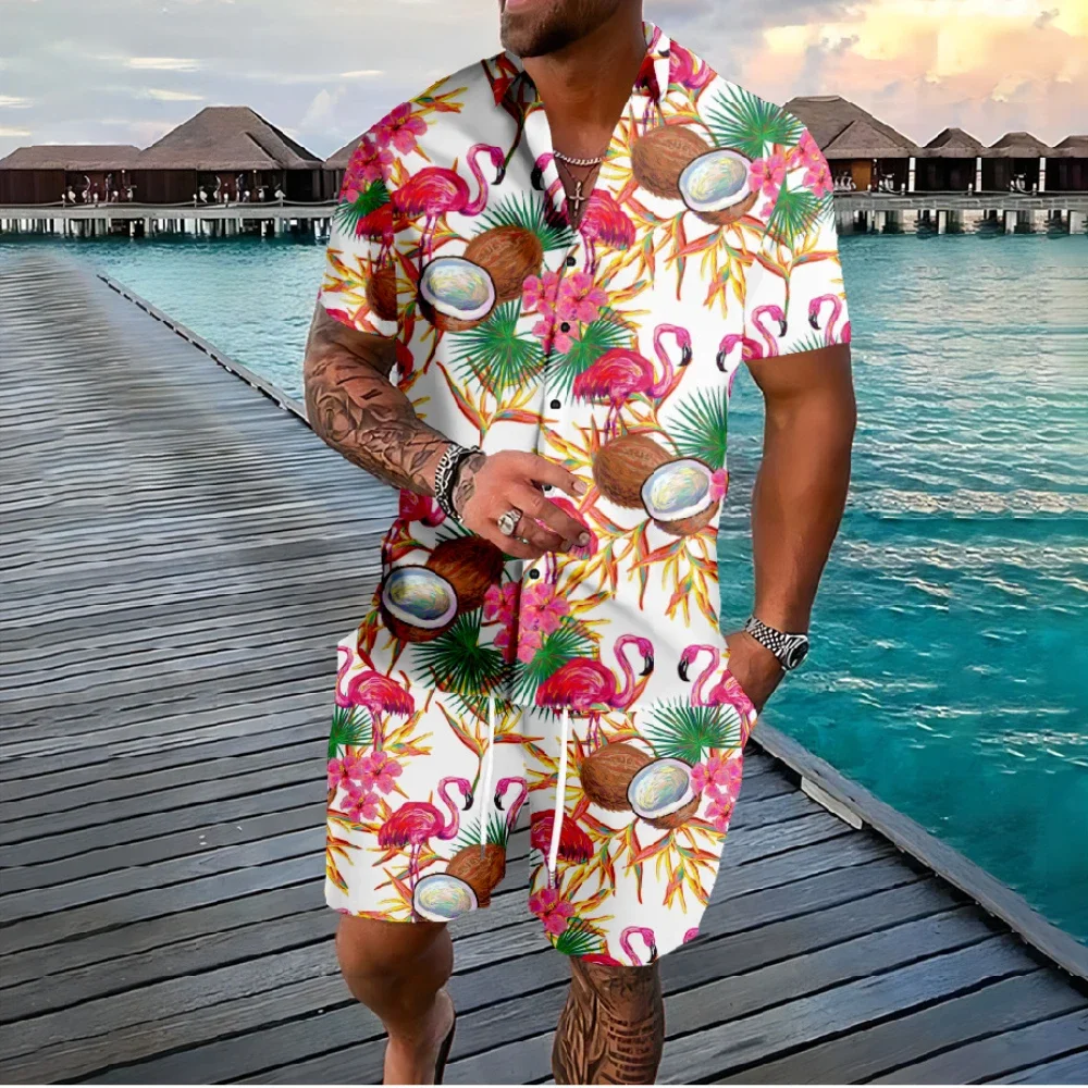 Hawaiian Flamingo Coconut Tree 3d Print Short Sleeve Shirt+Shorts 2Pcs Set Casual Beachwear Vacation 2 Piece Suits Men Clothing 4
