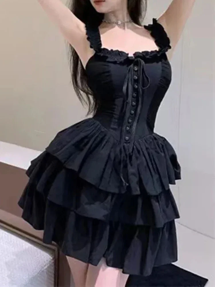 

Harajuku Streetwear Punk Lace Up Cake Dress Y2K Korean Fashion Party Ruffles Dresses Female Summer Gothic Black Sexy Slip Dress