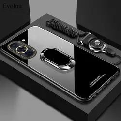 Premium Magnetic Ring Stand Shockproof Phone Case with Tempered Glass & Lanyard - Universal Fit for Nova 8 SE (Black)